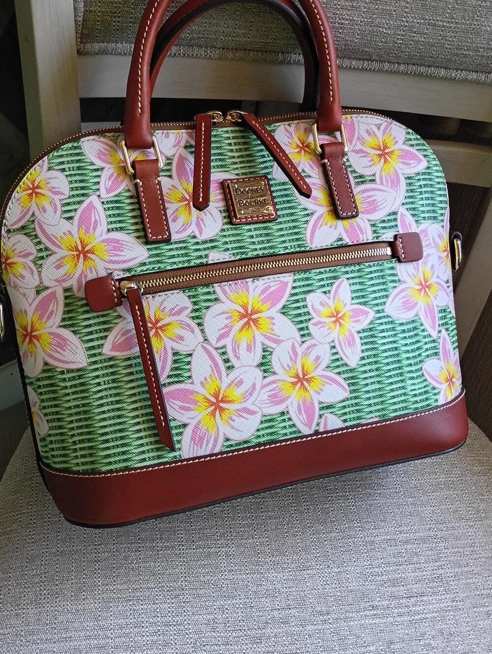 Dooney domed zip satchel plumeria floral basket weave pattern